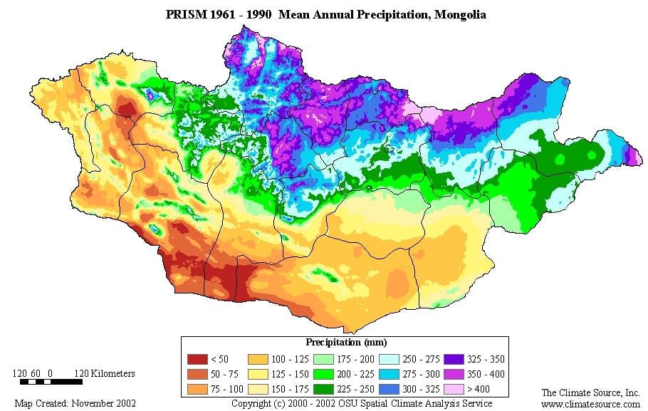 mappa della Mongolia densità di popolazione